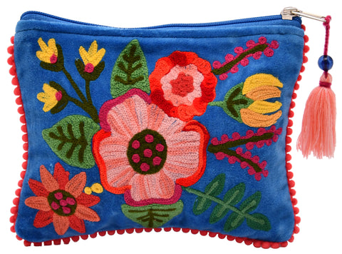 Floral Embroidered Velvet Pouch - Blue