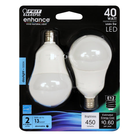 FEIT Electric Enhance A15 E12 (Candelabra) LED Bulb Daylight 40 Watt Equivalence 2 pk