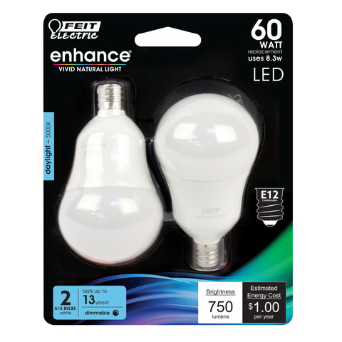 FEIT Electric Enhance A15 E12 (Candelabra) Filament LED Bulb White 60 Watt Equivalence 2 pk