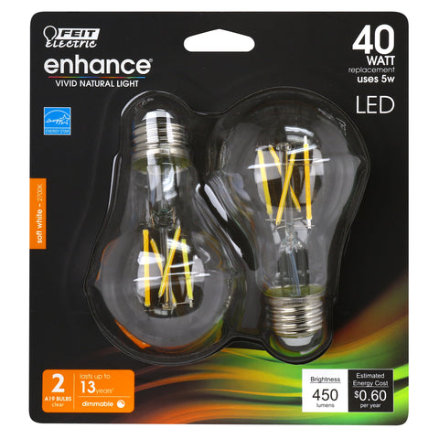 Feit Electric Enhance A19 E26 (Medium) Filament LED Bulb Soft White 40 Watt Equivalence 2 pk