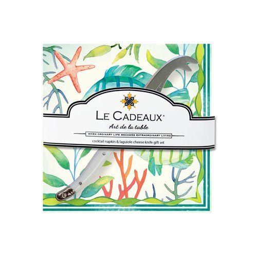 Le Cadeaux - Cocktail Napkins with Mini Cheese Knife Set - La Mer