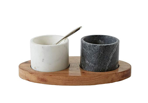 Creative Co Op 2 Marble Bowls On Mango Wood Base With Salt Spoon