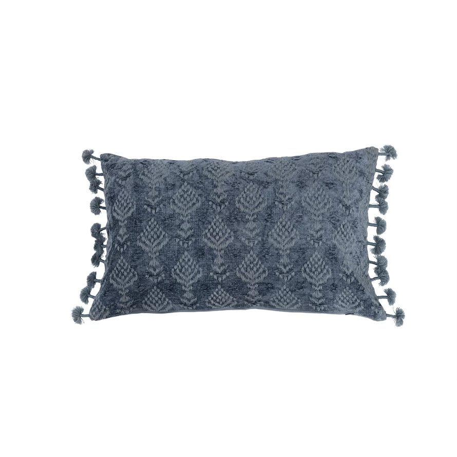 Cotton Chenille Lumbar Pillow with Embroidery & Tassels