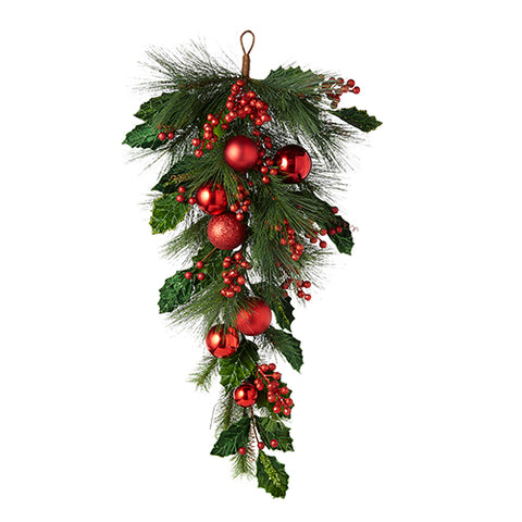 Mixed Greenery Teardrop Swag with Berries and Ornaments