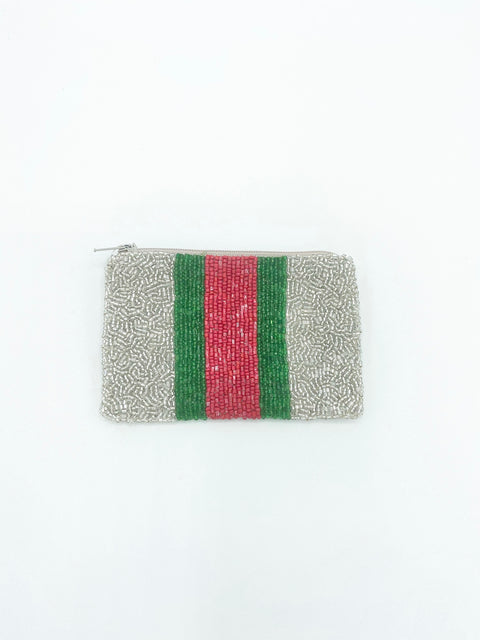 Emerald + Red Stripe Beaded Coin Purse