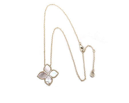 Gold Cable, Mother of Pearl Flower, Necklace, 16 in x 2in with Cubic Zirconia