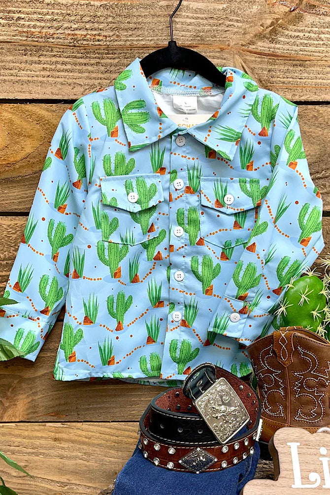 Kid's Button-Up Western Shirt - Blue Cactus