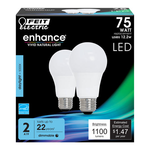 FEIT Electric Enhance A19 E26 (Medium) LED Bulb Daylight 75 Watt Equivalence 2 pk