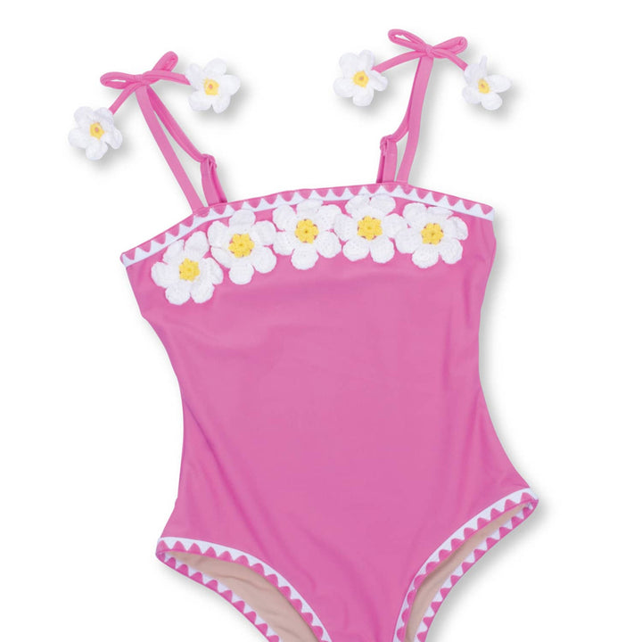 Girl's Crochet One Piece Swimsuit - Pink Daisy