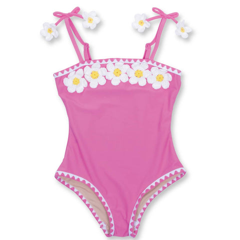 Girl's Crochet One Piece Swimsuit - Pink Daisy