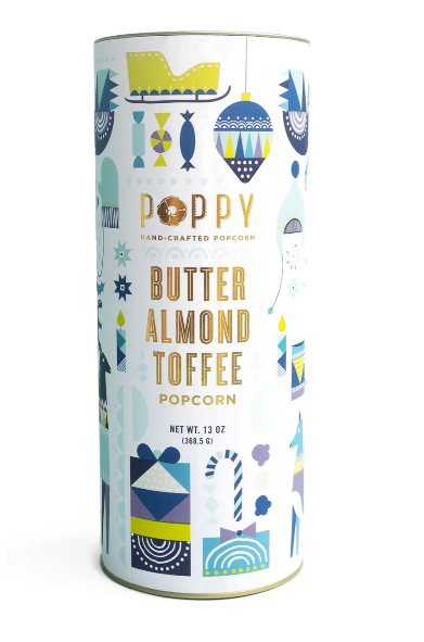 Poppy Handcrafted Popcorn Butter Almond Toffee Popcorn Holiday Cylinder