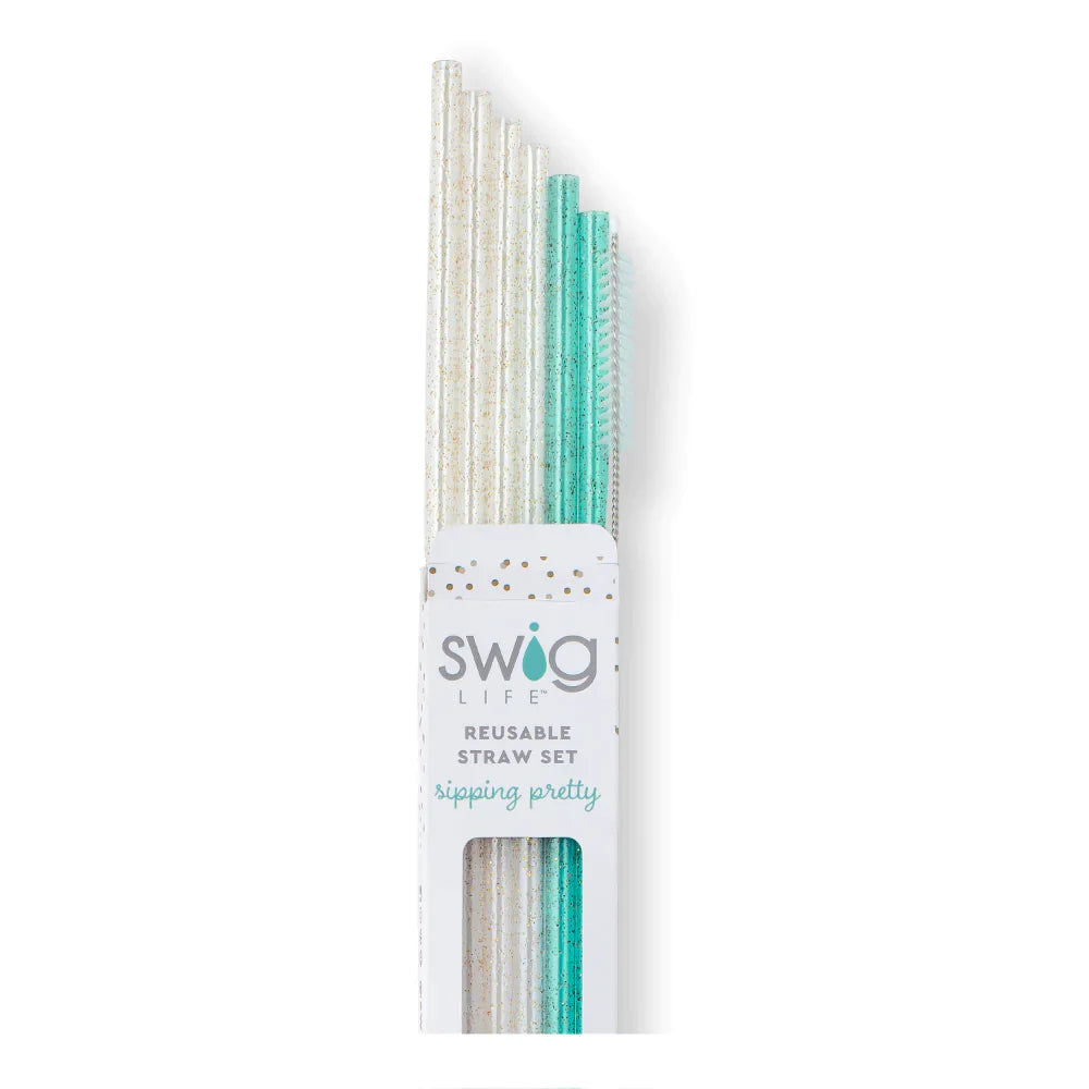 Swig Life - Reusable Straw Set - Glitter Clear + Aqua