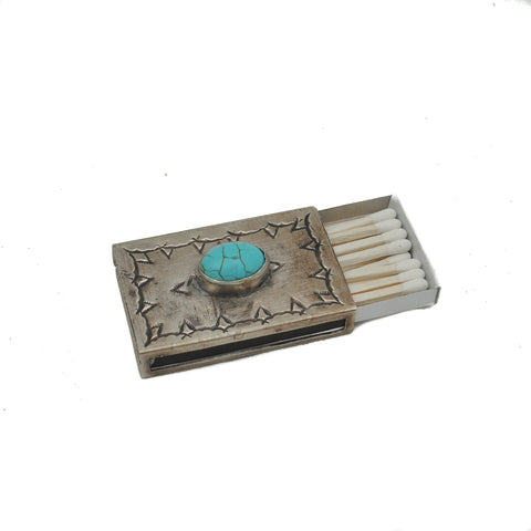 Small Stamped Matchbox Cover With Turquoise Stone