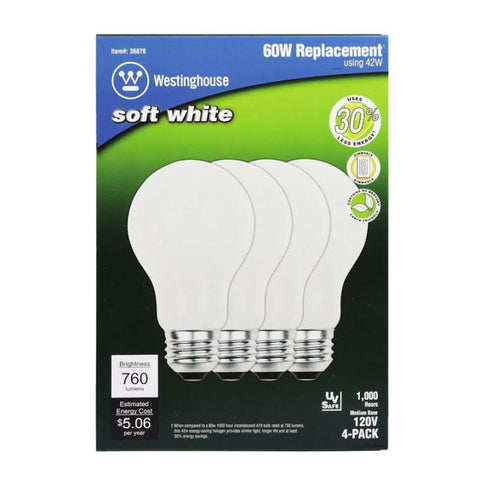 Westinghouse 42 watts A19 A-Line Halogen Bulb 760 lumens 4 pk - Soft White