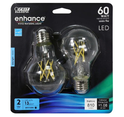 Feit Electric Enhance A19 E26 (Medium) Filament LED Bulb Daylight 60 Watt Equivalence 2 pk