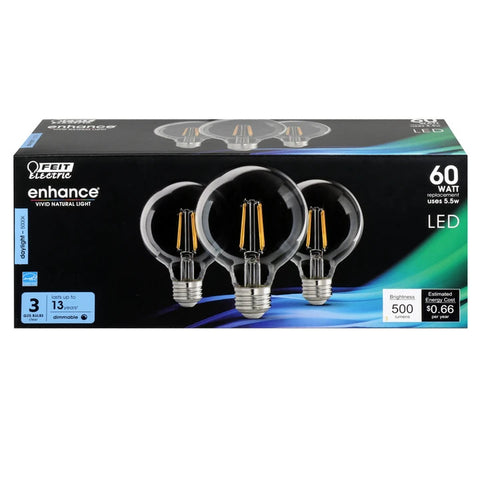 FEIT Electric Enhance G25 E26 (Medium) Filament LED Bulb Daylight 60 Watt Equivalence 3 pk