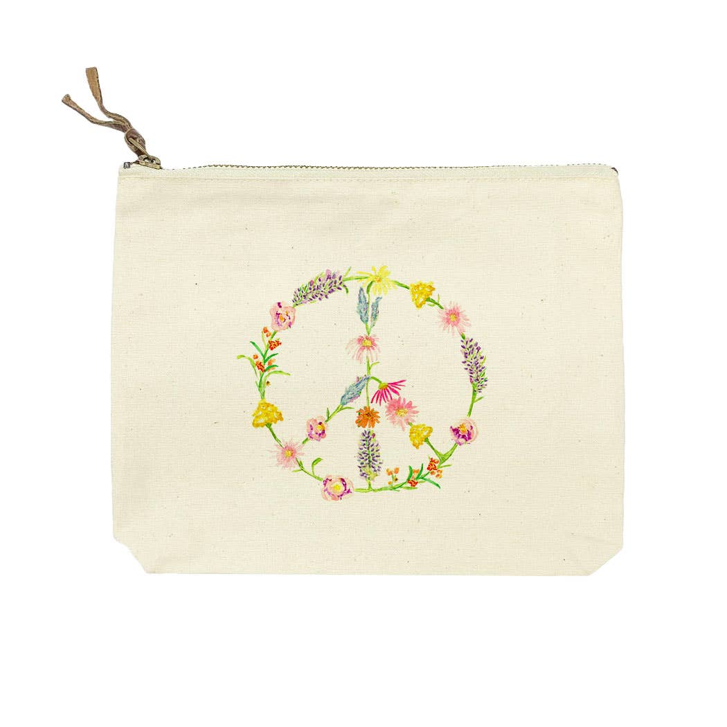 French Graffiti - Canvas Cosmetic Bag - Peace Sign Flowers