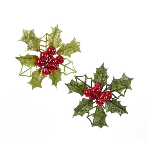 Glitter Holly Leaves with Berry Ornament