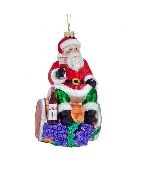 Santa On Wine Barrel Glass Ornament