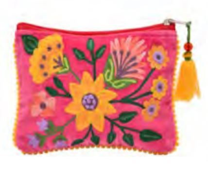 Floral Embroidered Velvet Pouch - Fuchsia